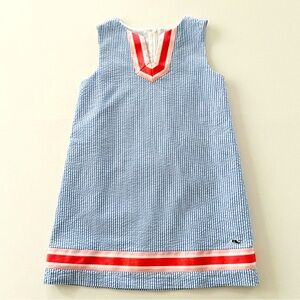 Vineyard Vines Girls Preppy Seersucker Whale Shift Dress Pink Ribbon Trim Sz 4